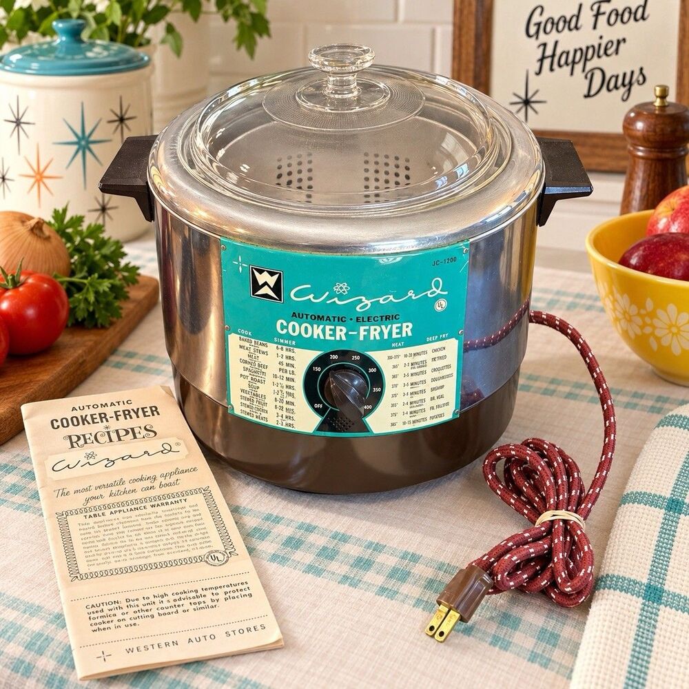 Vintage MCM Western Auto Wizard Automatic Cooker-Fryer w/RecipeManual Deadstock